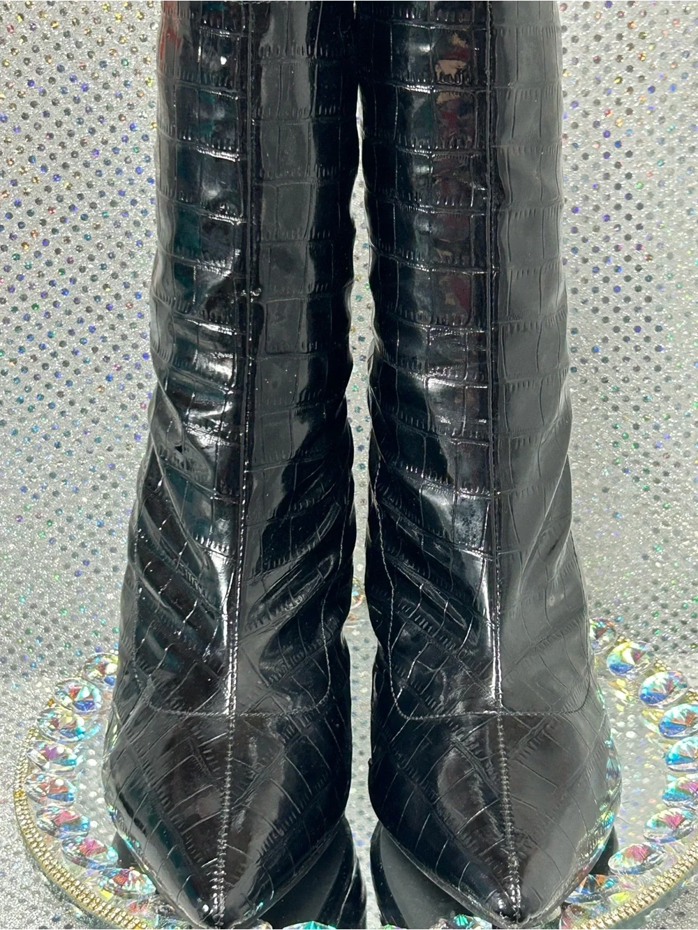Fashion Nova Black Croc-Embossed Pointed Toe Ankle Boots - Size 9